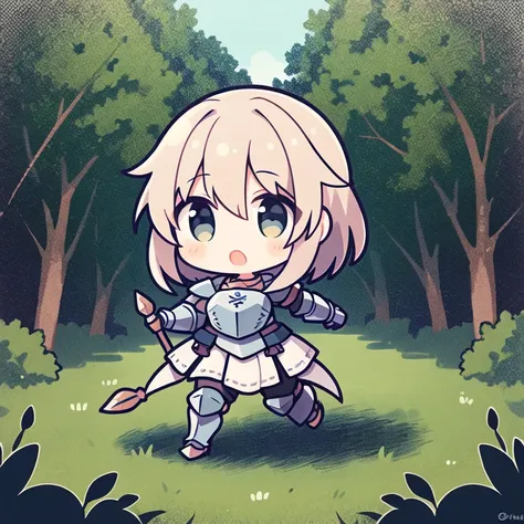 A girl knight wearing armor and holding a spear is running through the forest