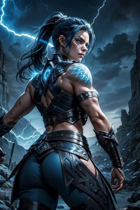 MILF, evil beautiful and muscular Nordic female storm giant with blue black hair in a ponytail, older and mature looking , throwing a lightning bolt, glowing tattoos, wearing steel runic plate mail Armour , temple cave background with lightning storm, glow...