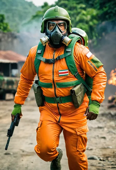 (a dark-skinned bearded chubby  old man in orange zipper pilot suit), wearing rescue gear, wearing green army pilot helmet and gas mask, running, shooting with a gun, imposing physique, muscular, toned muscles, Basuki Abdullah, sumatraism, action, a charac...