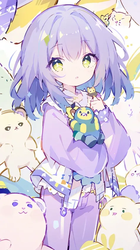 Young Girl、tall、Hair is yellow-green、Yellow Eyes、I have a stuffed animal、Wearing purple casual clothes、