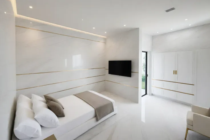 Raw photo,Masterpiece, high quality, best quality, authentic, super detail,
indoors, interior , (( BEDROOM :1.3)), modern style, daylight, (WHITE WALL),luxury, marble tile floor,