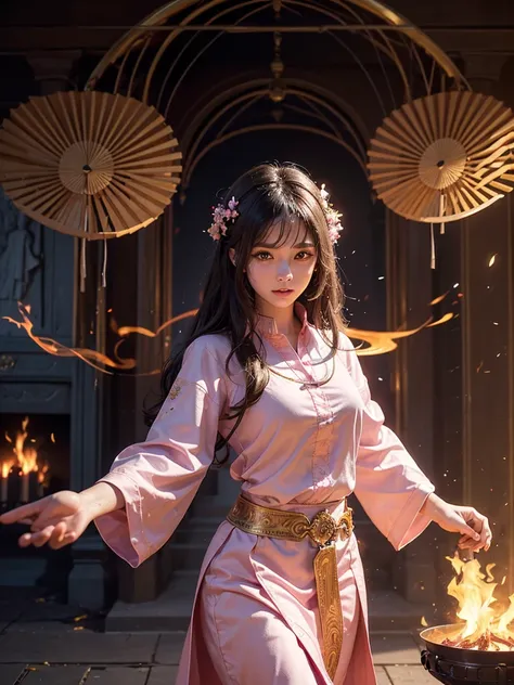 High Frequency: 1.8, Rich Detail, Masterpiece, 8K, Beautiful Priestess in Pink Shirt Standing in front of Fire, Dancing, Hands Waving Fan, Fan on Fire, Flames Surround Priestessess, Burning Battlefield Background,  