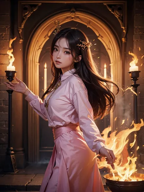 High Frequency: 1.8, Rich Detail, Masterpiece, 8K, Beautiful Priestess in Pink Shirt Standing in front of Fire, Dancing, Hands Waving Fan, Fan on Fire, Flames Surround Priestessess, Burning Battlefield Background,  