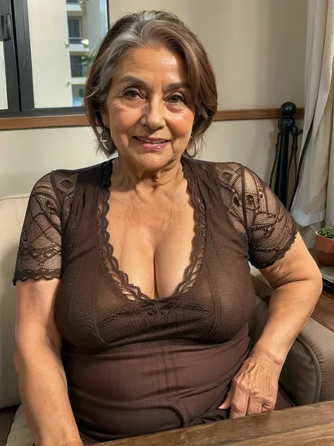 Mature old woman 80 years with brown straight hair, plus size, old face and body with many wrinkles, loose skin, smiling sitting at bedroom posing for photo, She wearing yellow bodysuit with larhe necklane and white lace stockings, front view. jaw dropping...