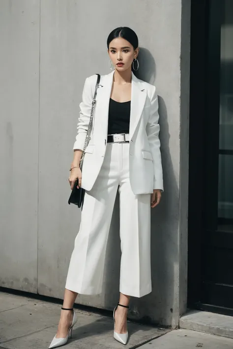 A girl,Sophisticated monochrome, white oversized blazer, black silk camisole, tailored black trousers, pointed-toe pumps, silver hoop earrings, black leather belt, minimalist wristwatch, and a structured tote bag.Mixed Media, Neo-Expressionist, Social Real...