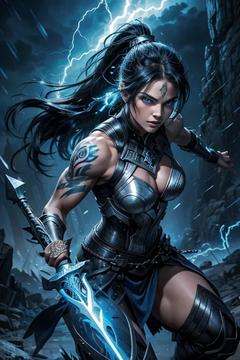 MILF, evil beautiful and muscular Nordic female storm giant with blue black hair in a ponytail, older and mature looking , throwing a lightning bolt, glowing tattoos, wearing steel runic plate mail Armour , temple cave background with lightning storm, glow...