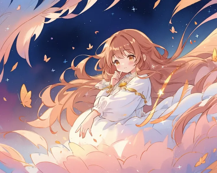 beautiful girl in white shimmering puffy layered ballgown, puffy layered tutu skirt, long flowing brown hair, colorful fantasia background, watercolor illustration, glowing aura around her, glowing flowing hair, fantasia otherworldly landscape, beautiful, ...