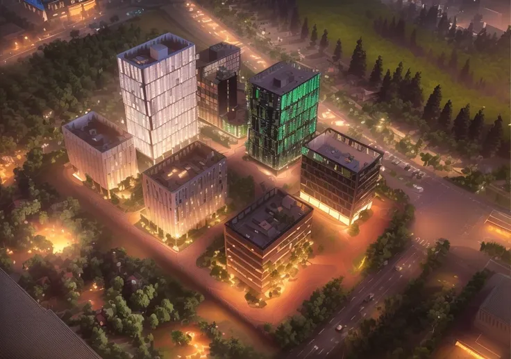 Skyscraper office building with green trees at night, High-tech environment, clear focus illustration hq, hq very detailed, The above points, skyscraper forest community, City, There is a river in the distance, City建筑亮化, High field of view, High-rise build...