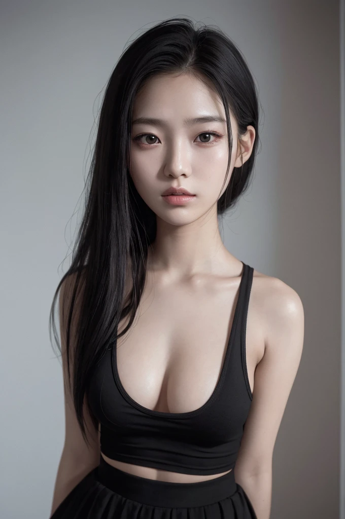 20 year old girl, black tank top, black skirt, long hair, high contrast (Natural skin texture, Hyperrealism, Soft Light, sharp), portrait, standing, kpop