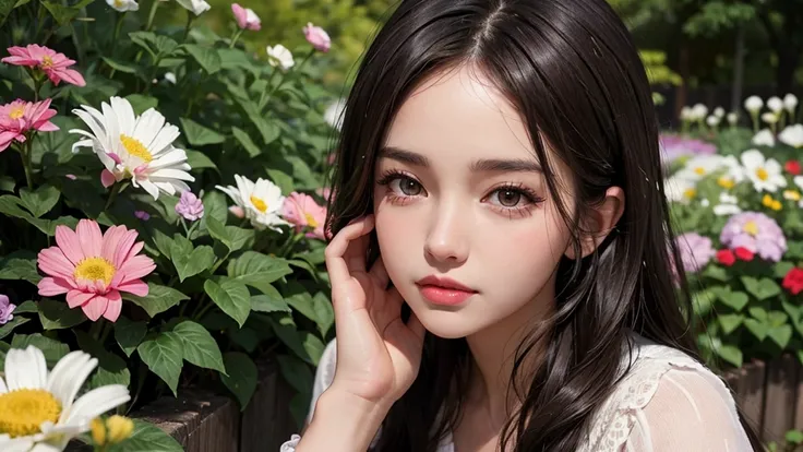 realistic, 1girl, dark hair, dark brown eyes, bright eyes, split lips, blush, cute, garden, day, flowers.  