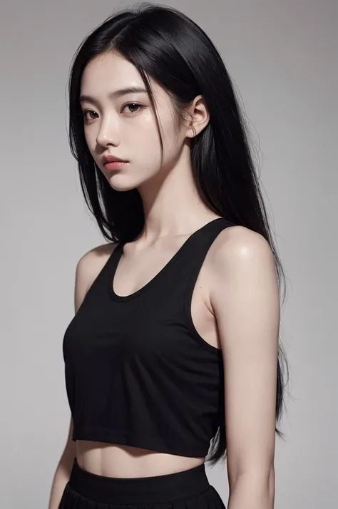 20 year old girl, black tank top, black skirt, long hair, high contrast (Natural skin texture, Hyperrealism, Soft Light, sharp), portrait, standing, kpop