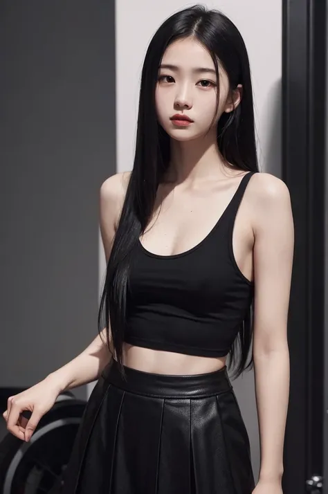 20 year old girl, black tank top, black skirt, long hair, high contrast (Natural skin texture, Hyperrealism, Soft Light, sharp), portrait, standing, kpop