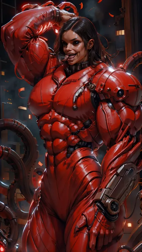 megan fox as a vampiric muscular red carnage, (mouth wide open with tongue out:1.25), (red carnage anatomic muscular bio-mecha muscle suit:1.25), (body totally covered in muscles, veins, tendons), (perfect muscular anatomy),