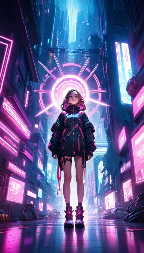 cyberpunk astrologer, hyper-realistic, night sky, cyberpink gear and outfit, full body shot, looking up at stars, intricate deta...