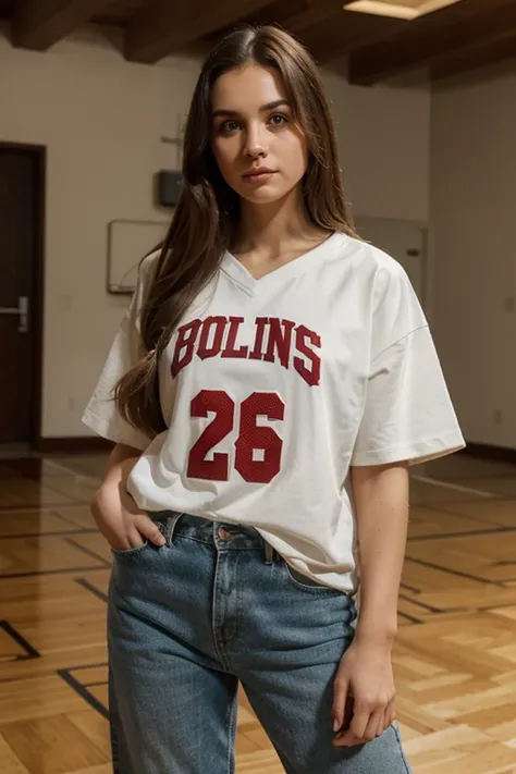 1 girl standing, wearing basket ball shirt, very detail, realistic, holding ball, 27 years old, long hair