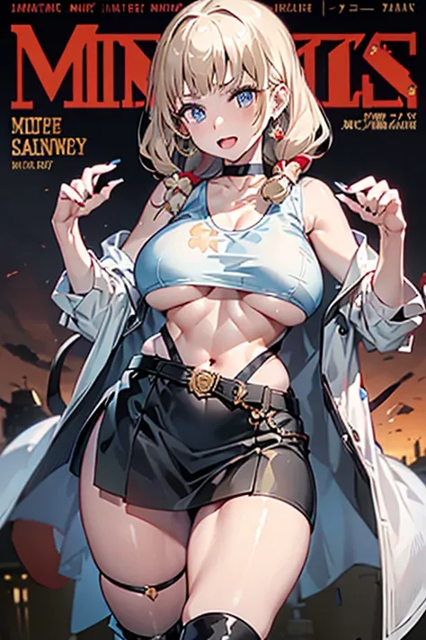 (masterpiece:1.2), (Military uniform magazine cover:1.4),best quality,PIXIV,Sweet girl , sexy posture,1girl, (perky chest:1.2), rolling upskirt by wind:1.6, (with sparkling eyes and a contagious smile),open mouth, (pointed chest:1.2),fishnets, black hair, ...