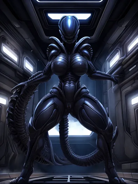 A female xenomorph in the vents system with big tits and curvy hips, vent system background, dripping with pussy, xenomorph tail. 