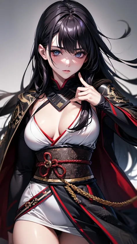 Highest quality, Ultra-high resolution, (Realistic: 1.4), beautiful Eyes, Super beautiful, beautiful, Warrior, Japanese style, Black tones、beautiful Soldier, Eyes that beckon, Mistress&#39;s point of view, Attractive look, Sexy smile, Perfect Style, Perfec...