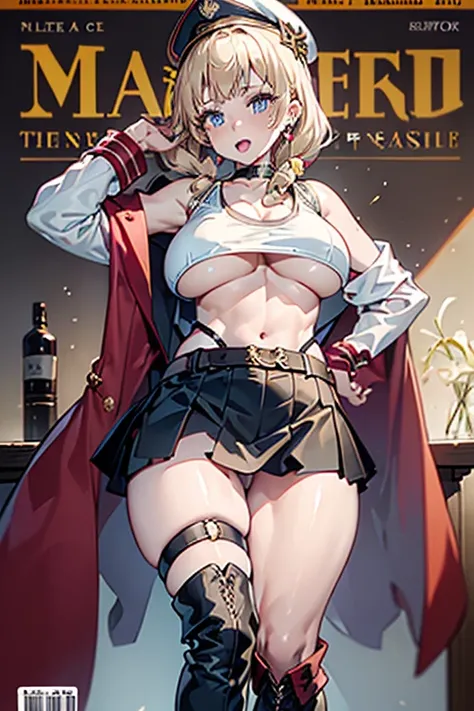 (masterpiece:1.2), (Military uniform magazine cover:1.4),best quality,PIXIV,Sweet girl , sexy posture,1girl, (perky chest:1.2), rolling upskirt by wind:1.6, (with sparkling eyes and a contagious smile),open mouth, (pointed chest:1.2),fishnets, black hair, ...