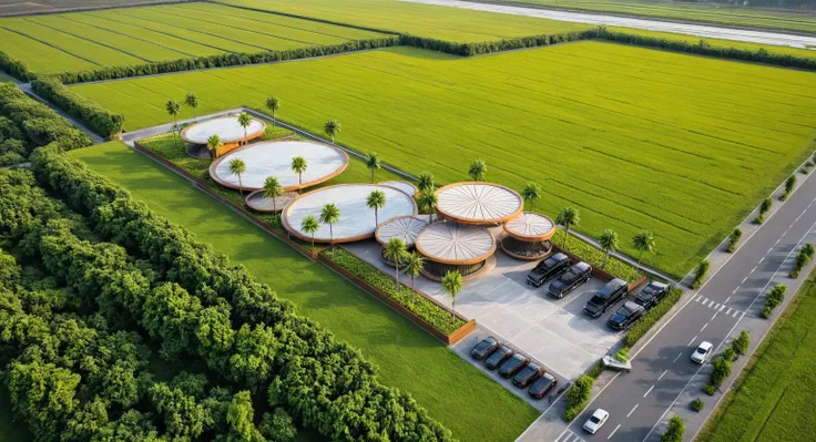 a comprehensive perspective of a modern highway rest stop, surrounded by expansive rice fields. the front area features a spacio...