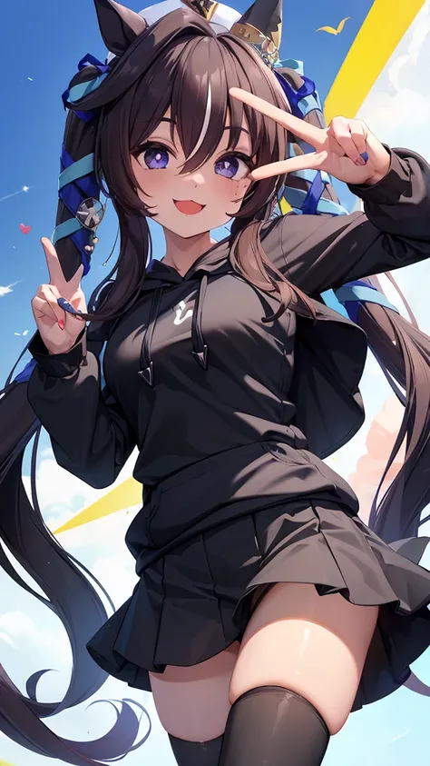 masterpiece, Highest quality, High resolution, Very detailed,(((Viblos wearing a black hoodie))), (((peace sign))), (((smile))), Black Skirt, Outdoor, Black underwear, Low - Angle