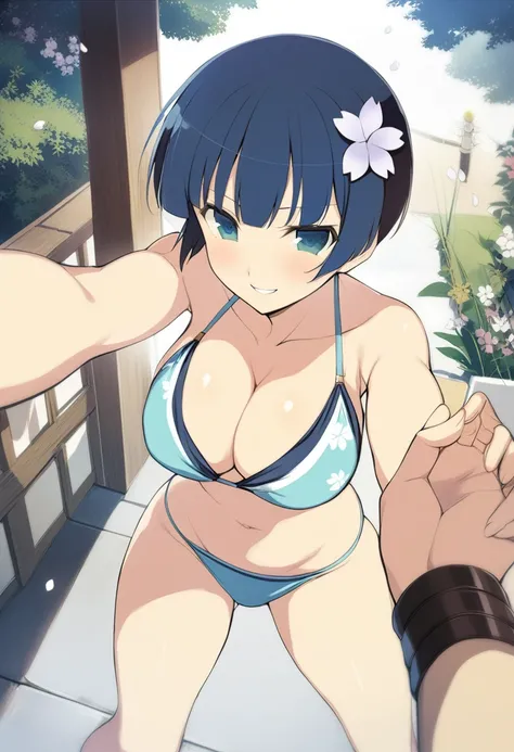 masterpiece, best quality, 
yozakura (senran kagura), 1girl, breasts, solo, 
short hair, blue hair, flower, blue eyes, large breasts, hair ornament, 
hair flower, navel, midriff, bare legs, cleavage, emblem, smile, 
bikini, 
pov, 