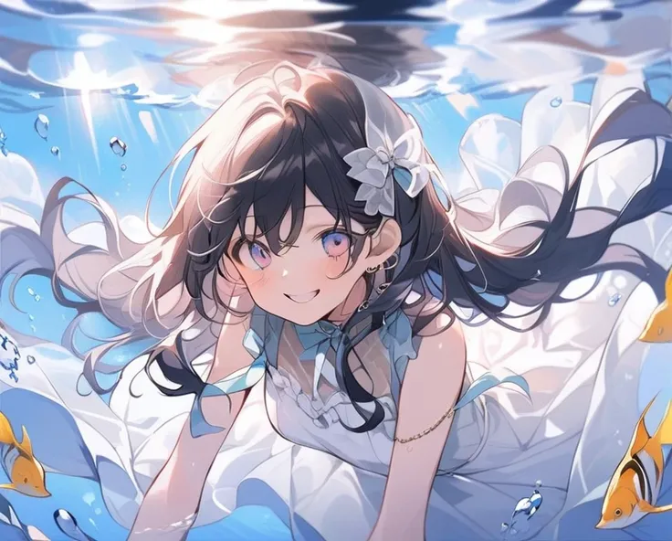 score_9, score_8_up, score_7_up, source_anime,masterpiece, best quality, high resolution, extremely detailed CG, absurdres, 1girl, solo, a beautiful girl, gentle smile, ((under the sea)), (white marble Greek temple under water), a girl floating under water...