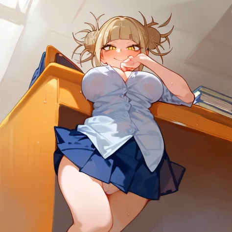 anime artwork, score_9, score_8_up, score_7_up, score_6_up, score_5_up, score_4_up, Himiko toga, big breasts, she is 24 years old, style_3, ,,, yellow eyes , , , , _, , (school outfit:1.2),. at school, visible panties, sit, cameltoe,wet panties, pussy, see...