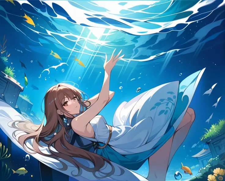 score_9, score_8_up, score_7_up, source_anime,masterpiece, best quality, high resolution, extremely detailed CG, absurdres, 1girl, solo, a beautiful girl, gentle smile, ((under the sea)), (white marble Greek temple under water), a girl floating under water...