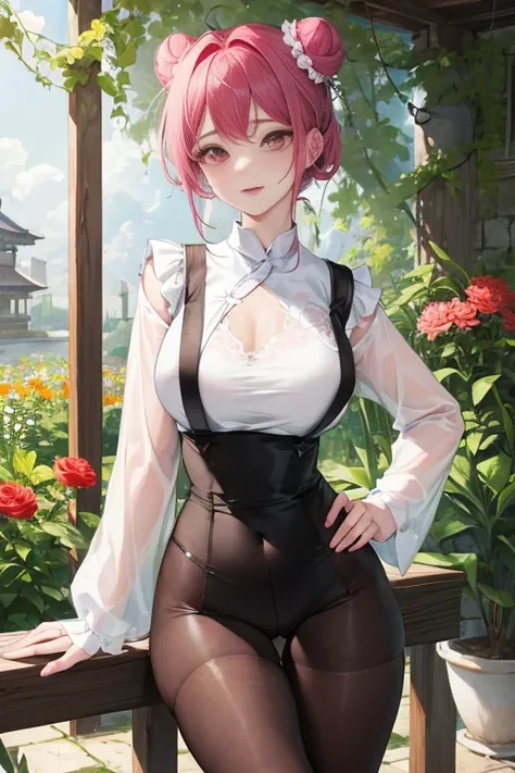 tmasterpiece、Need、1female、Blue cheongsam，Ancient style China、 White cloth bun bun bun、Shoulder leakage、The chest is large、chubbiness、ssmile、Black suspender tights、lace leggings、pale pink lip、hot springs，（drenched all over the body），legs are open， 独奏, White...