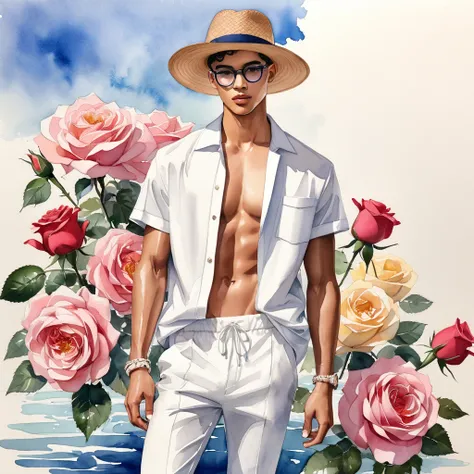 candid fashion illustration of young Mixed race 2man, both aged 18-23 year old, ((showcase fashion look book in White linen outfits)), the design inspired by David Austin Rose, in elegant chic style. The man wears an oversized short-sleeved shirt with a mi...