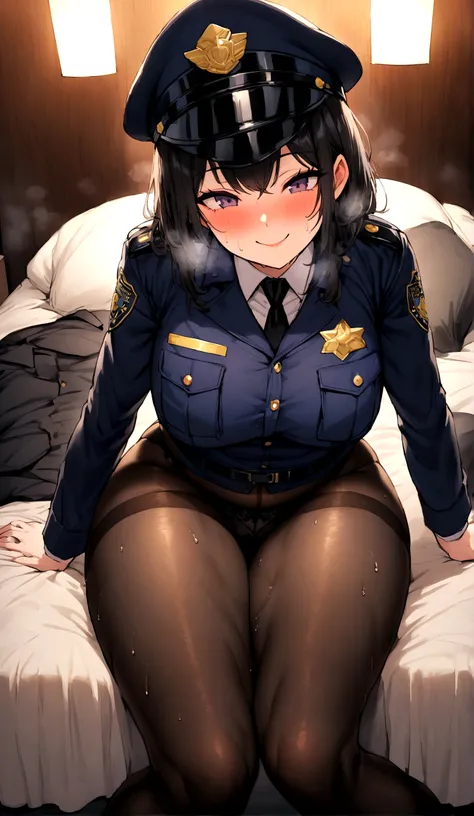 One beautiful woman、One Man、Policewoman、Beauty、A man has intense sex with a woman、Tight Skirt, Cowgirl、Hit your back hard、High Speed Piston、Sitting on a man、Looking down at the viewer, Highest quality, Focus on the thighs, smile, Police uniform, Black Pant...