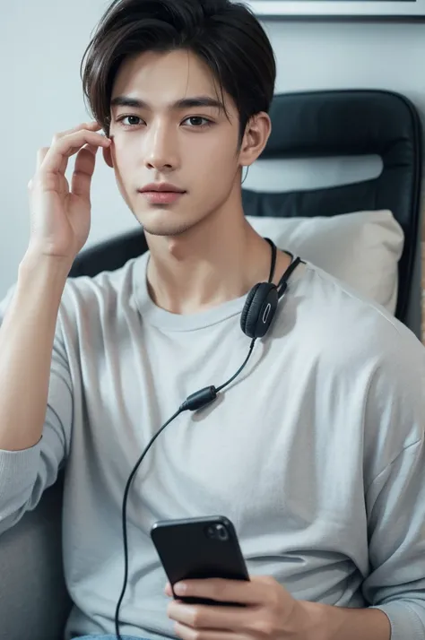 A handsome boy playing games with a phone in his hand and he is wearing headphones 