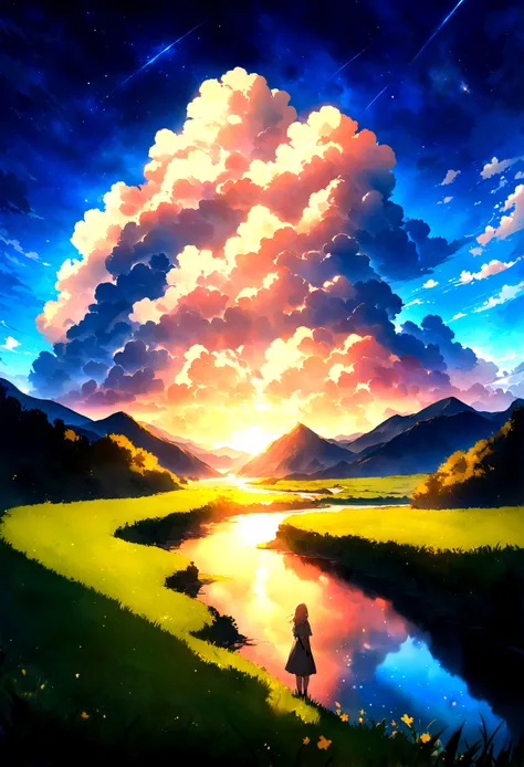 , river, Beautiful sunset, Big Cloud, Green grass, sad, Stars can be seen through the clouds, space, A ray of sunshine illuminates the world, masterpiece, Mountain々