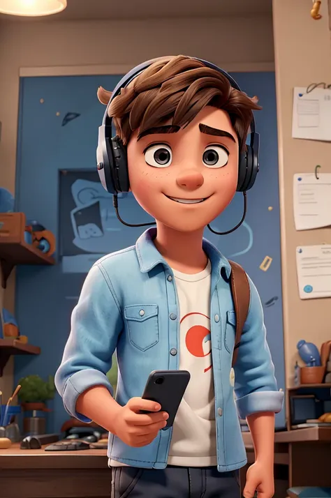 A handsome boy playing games with a phone in his hand and he is wearing headphones 