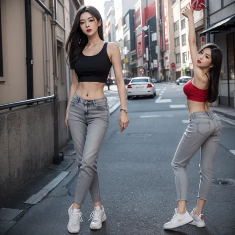 Masterpiece, ultra resolution, japanese-europe face, sensual eyes looking, sharp nose, sexy red lips, long grey hair, medium breast, black crop top clothes, short jeans pants, white sneakers, standing pose