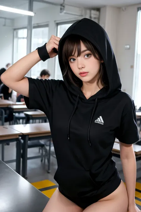 une femme de 18 ans sexy et mince , black short sleeve hoodie , salle de classe, se touche,position sey,sensuel