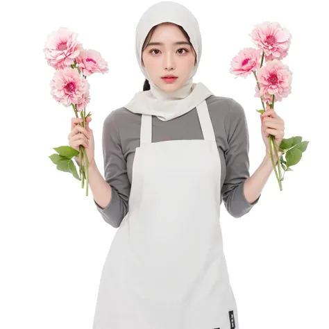 (Best quality, 8k, 32k, Masterpiece, UHaD:1.2),Photo of Pretty Japanese hijab woman, large breasts, oversize crew shirt. embordy logos, white apron, florist apron