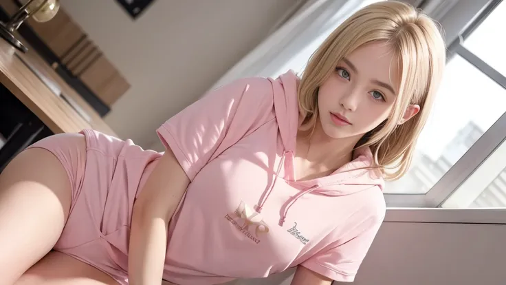 deux femmes blonde ensemble de 18 ans sexy et mince , pink short sleeve hoodie , salle de classe, se touche,position sey,sensuel