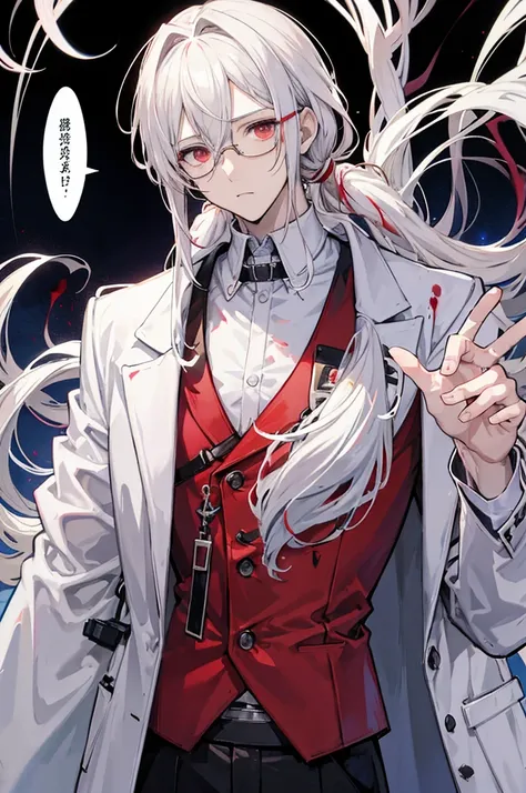 Anime style, male scientist, tall, glasses, brown shoulder length hair with white tips in his hair, white hair tips, the tips of his hair are white, blood on his hands, scalpal in one of his hands covered in blood, , handsome, scary. cold. blood over his l...