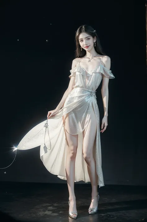 (((best quality))),(((ultra detailed))),(((masterpiece))),illustration,((A beautiful female astrologer,solo)),((slim,thin)),((small breasts,flat chest)),((shoulder length straight hair)),(laughing:1.2),(earrings,necklace),(sparkled sheer shirt-dress:1.3),(...