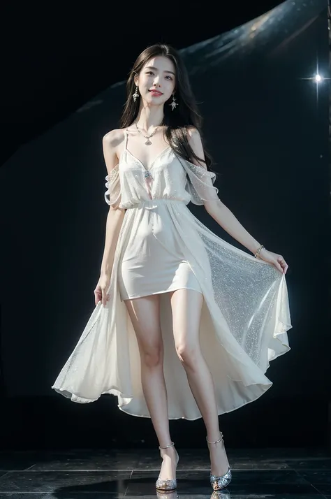 (((best quality))),(((ultra detailed))),(((masterpiece))),illustration,((A beautiful female astrologer,solo)),((slim,thin)),((small breasts,flat chest)),((shoulder length straight hair)),(laughing:1.2),(earrings,necklace),(sparkled sheer shirt-dress:1.3),(...