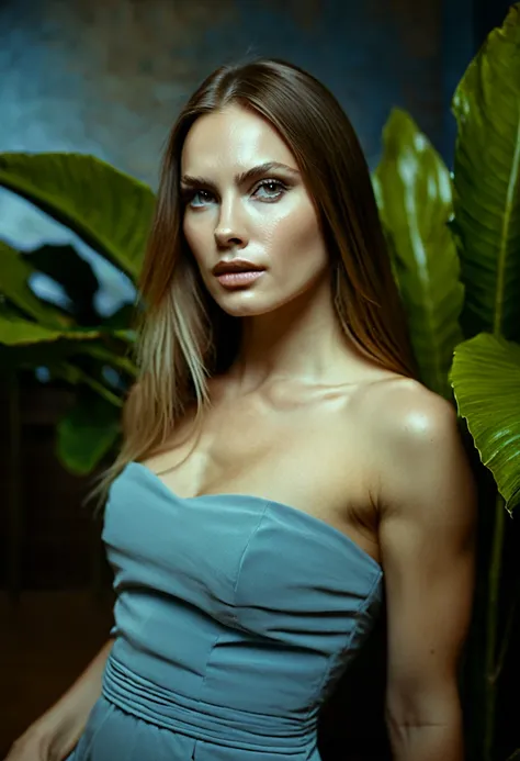 professional photograph of a 31 year old model, by Peter Hegre, photography studio,__perspective__, beautiful evil slavic muscular woman, pale skin, long hair, dressed in elegant long dress, dynamic model pose, bold lines, hyper detailed,warm natural light...