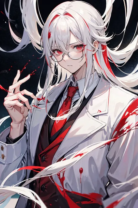 Anime style, male scientist, tall, glasses, brown shoulder length hair with white tips in his hair, white hair tips, the tips of his hair are white, blood on his hands, scalpal in one of his hands covered in blood, , handsome, scary. cold. blood over his l...