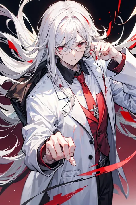 Anime style, male scientist, tall, glasses, brown shoulder length hair with white tips in his hair, white hair tips, the tips of his hair are white, blood on his hands, scalpal in one of his hands covered in blood, , handsome, scary. cold. blood over his l...