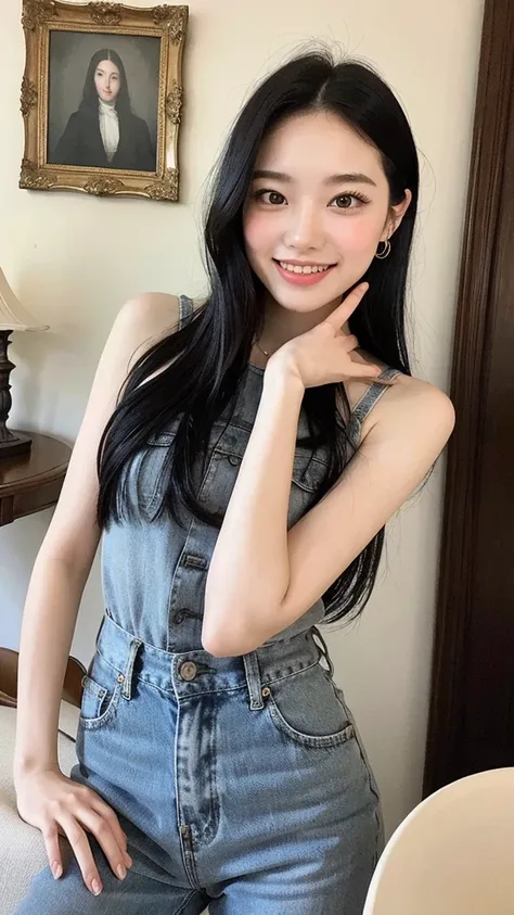 22-year-old girl, with gray eyes, pale white skin, slim figure, smiling, black hair, fashionable, arranging antiques, photo taken with an ultra-realistic professional camera