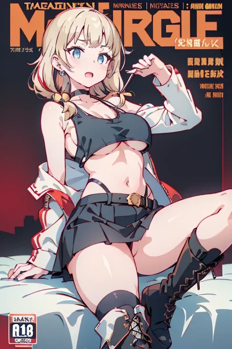 (masterpiece:1.2), (Military uniform magazine cover:1.4),best quality,PIXIV,Sweet girl , sexy posture,1girl, (perky chest:1.2), rolling upskirt by wind:1.6, (with sparkling eyes and a contagious smile),open mouth, (pointed chest:1.2),fishnets, black hair, ...