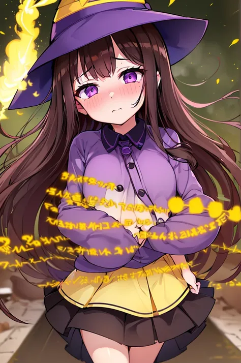 Witch Hat (Brown Hair) Long Hair (Small breasts) (Purple Eyes) (((child))) (Slanted Eyes) (low length),(Turn around)  (((solo))),  Embarrassed,  blush, uniform、(Im pulling up my skirt) (((A girl farts)))Standing with legs together
、(Holding on)((Her butt i...