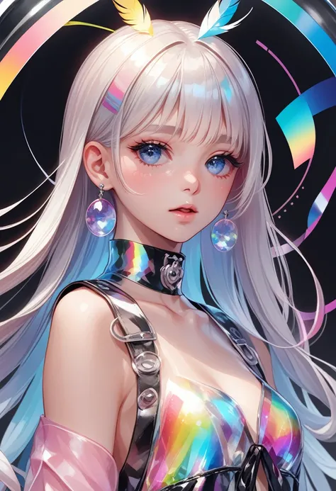 transparent color PVC clothing, transparent color vinyl clothing, prismatic, holographic, chromatic aberration, fashion illustration, masterpiece, girl with harajuku fashion, looking at viewer,beautiful eyes, 8k, ultra detailed, pixiv,upper body,