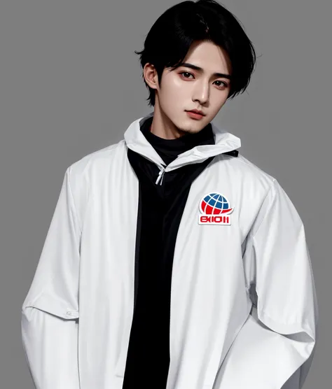 Arabic style image of a man wearing a white jacket and black tie, wearing space techwear, Profile shot, Cai Xukun, Model is wearing a technical vest, Won Bin Lee, Official product photos, xqc, Official product images, Official photos, Official photo, cyber...